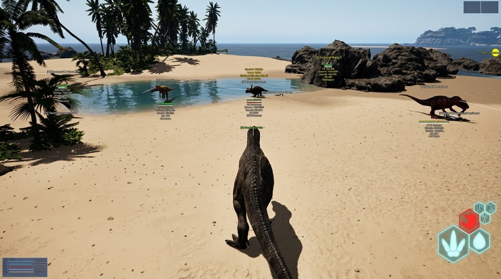 Isle Hacks dinosaur ESP labels on a beach with multiple nearby creatures