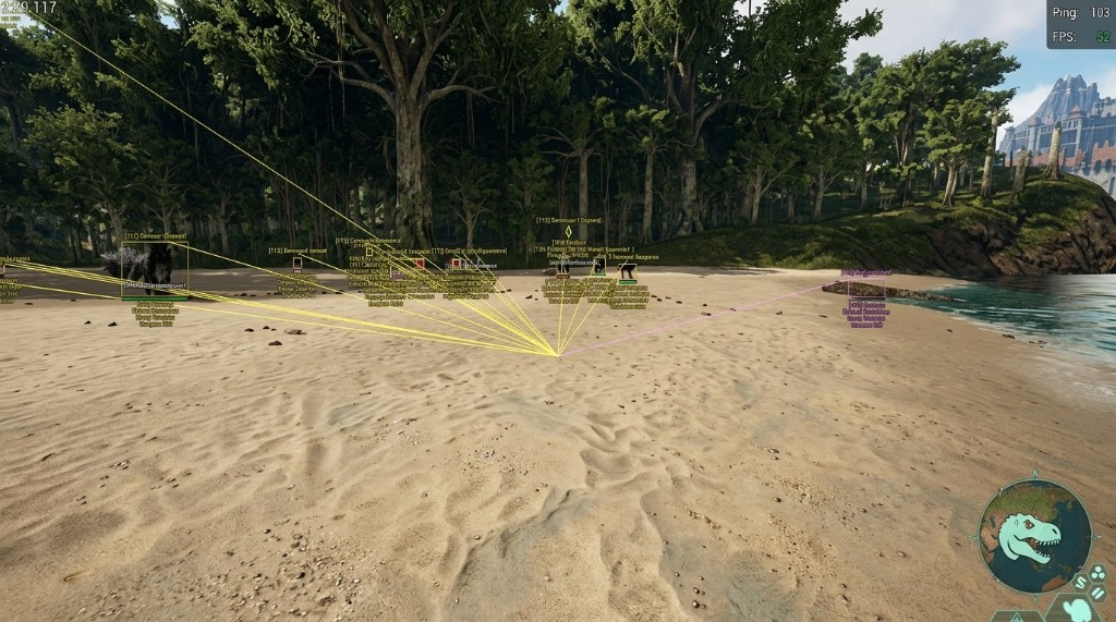 Isle Hacks snaplines and distant ESP labels across an open beach on The Isle Evrima