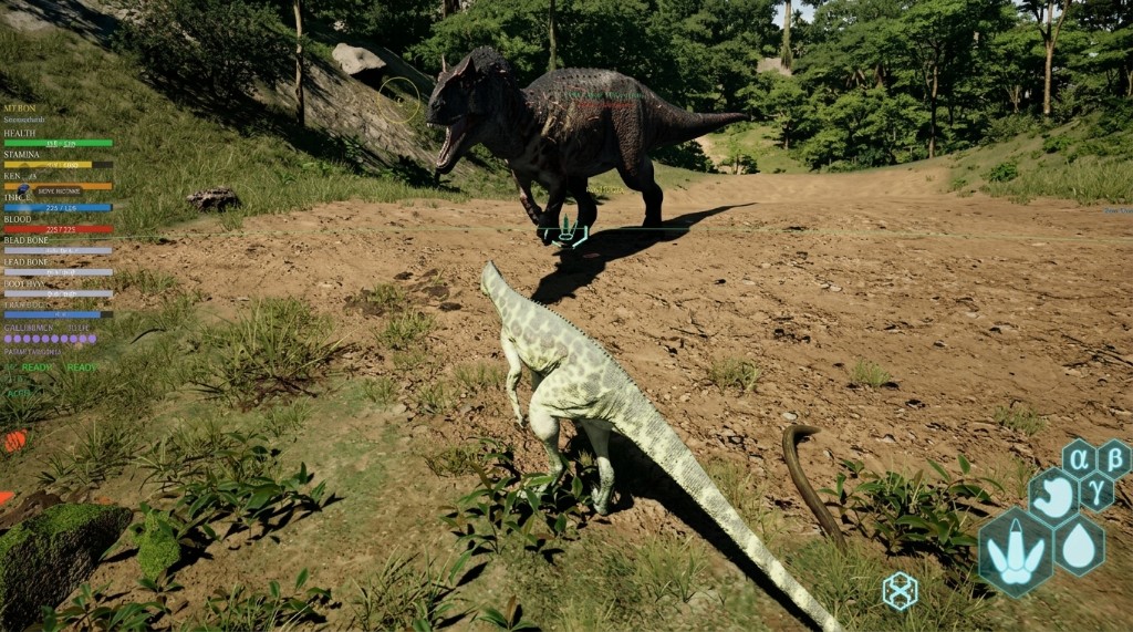Isle Hacks health, stamina, and growth readout during a close dinosaur fight