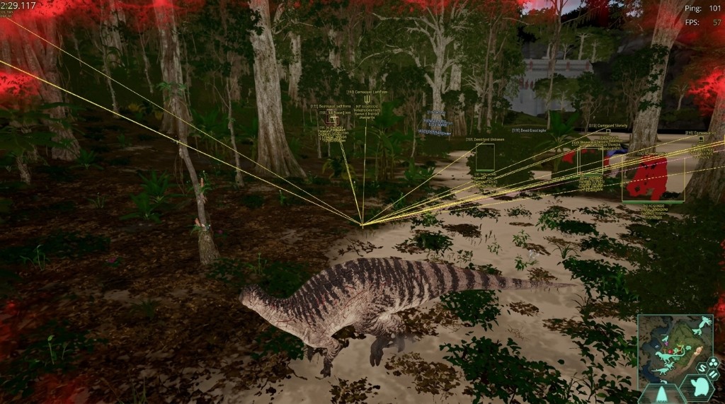 Isle Hacks snaplines and radar overlay in a forest with nearby dinosaur markers