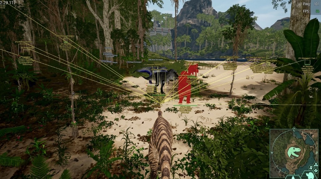 Isle Hacks player ESP red silhouette and snaplines beside a dinosaur in a forest clearing