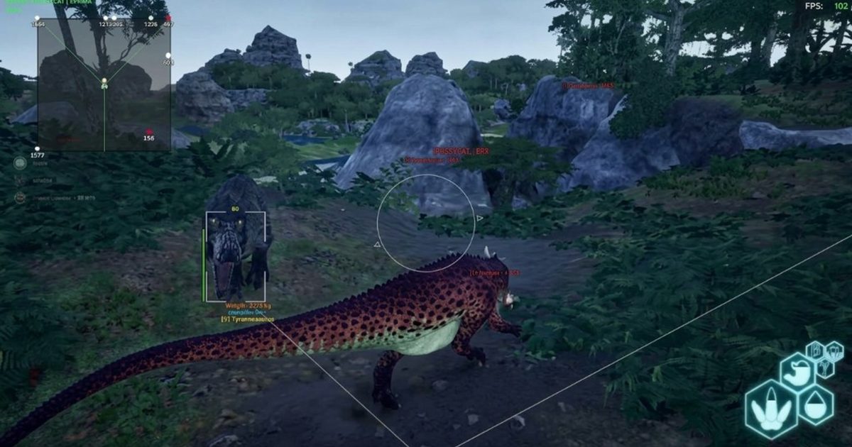 Isle Hacks aim assistance reticles locked on Utahraptor targets in the reeds on The Isle Evrima