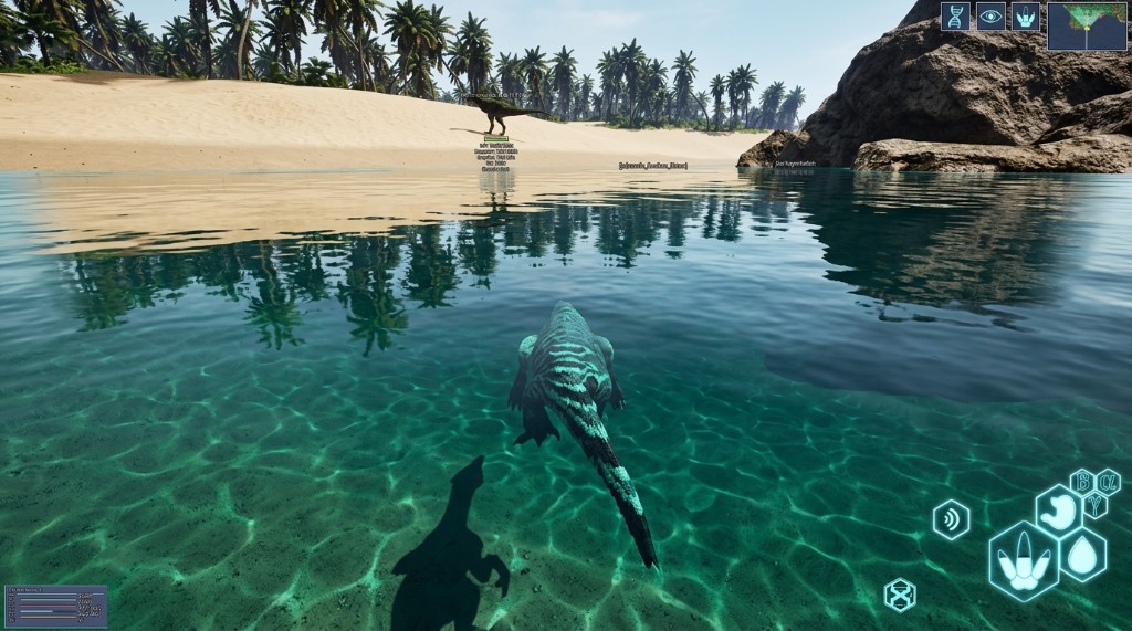 Isle Hacks overlay while swimming in clear water toward a distant dinosaur on The Isle Evrima